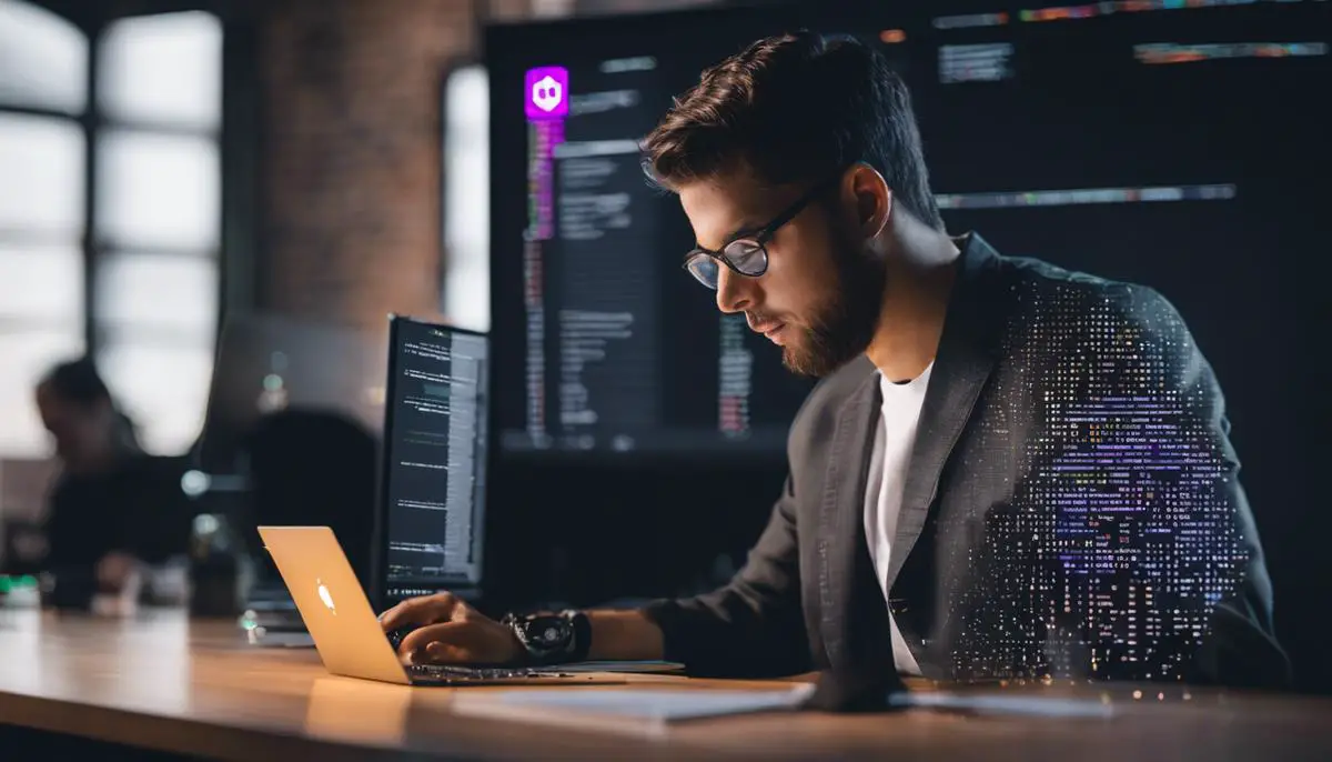 Image of a person typing code with the GitHub Copilot logo in the corner